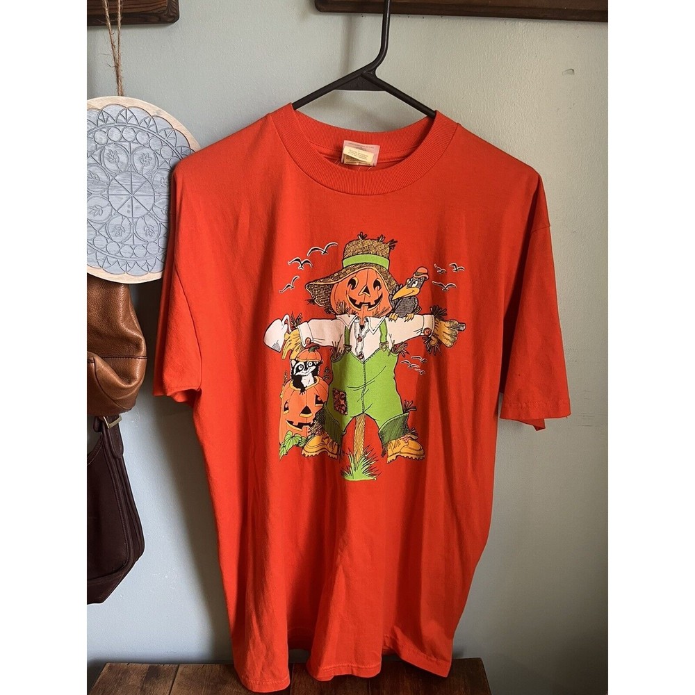 VTG Halloween Scarecrow Pumpkin T Shirt Women Large Combed Cotton